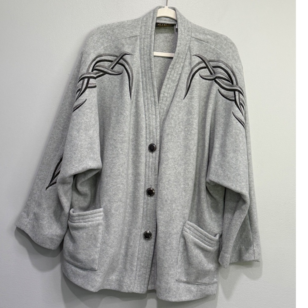 Bob Mackie Wearable Art Gray Fleece Embroidered Tribal Cardigan Jacket 3X